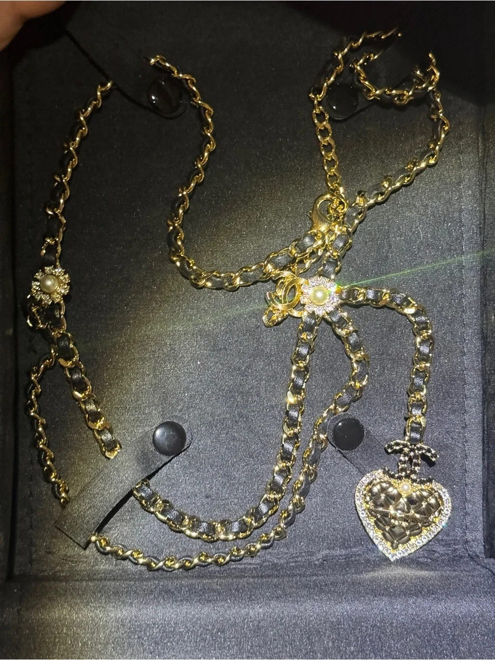 CHANEL Gold-Tone Quilted Heart Pendant Necklace with Pearl Fleur Motif